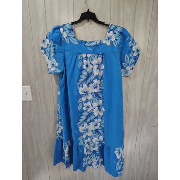 Vintage Kalena Fashions Women Dress Size XL Blue Floral Hawaiian Peplum Hem - Picture 2 of 6